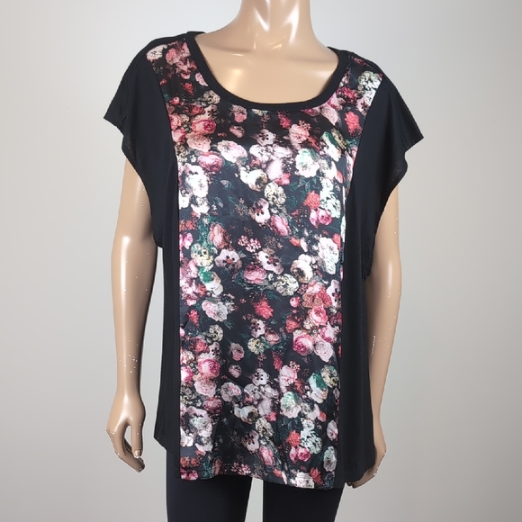Forever 21 Floral Panel Top Womens Plus Size 3X Black Pink Cap Sleeve Tshirt - Picture 2 of 9